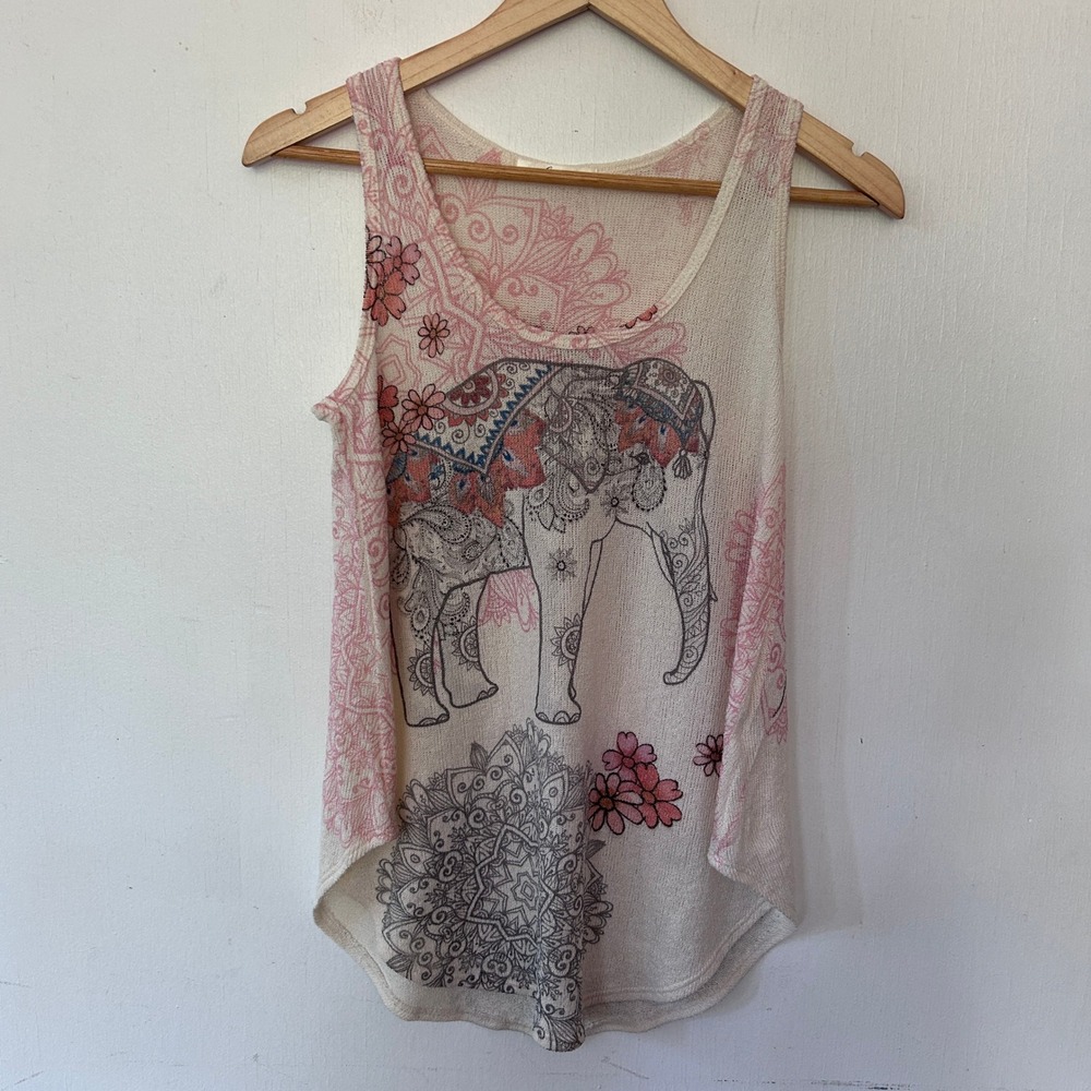 Gaze USA Womens Pink Elephant Mandala Knit Tank Top Bohemian High Low Hem Scoop